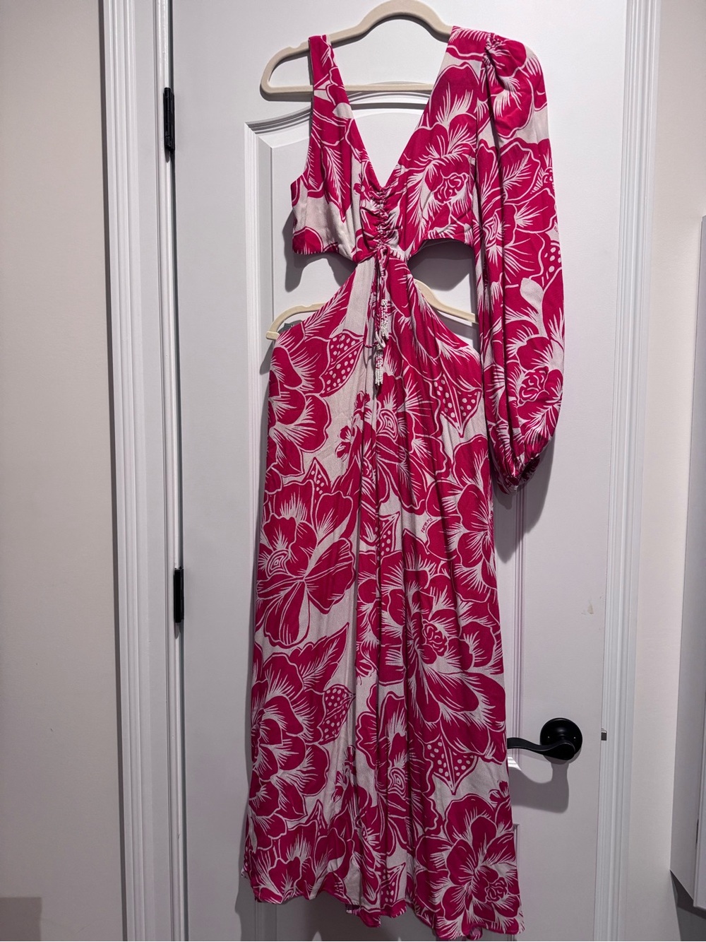 FARM Rio Red and White One-Shoulder Cutout Maxi Dress